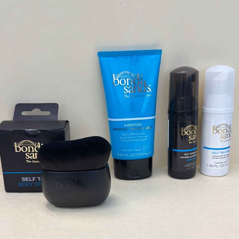 BONDI SANDS 4p Self Tan Travel Kit $55 NIP Moisturizer Foam Eraser Brush